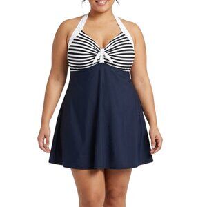 COCOSHIP Retro Sailor Swim Dress 4XL Black White Striped Halter One Piece Plus